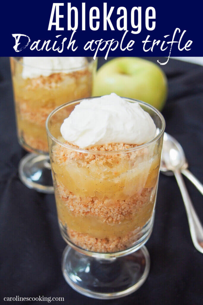 Æblekage is an easy, traditional Danish dessert - essentially an apple trifle with layers of soft, sweet, vanilla-infused apples and crunchy crumbs, topped with cream. Comforting & delicious.