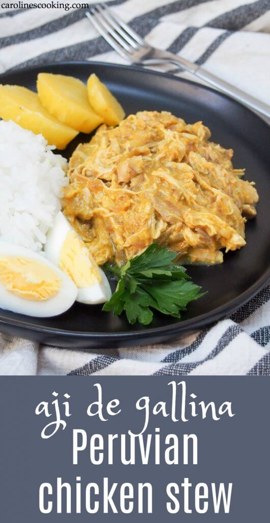 Aji de gallina is a classic Peruvian dish, with shredded chicken wrapped in a smooth, creamy sauce with chili, cheese and walnuts. It's a delicious meal, plus perfect to adapt for leftovers (both chicken and turkey). It's also great to make ahead. #Peruvianrecipe #chicken #leftovers #comfortfood