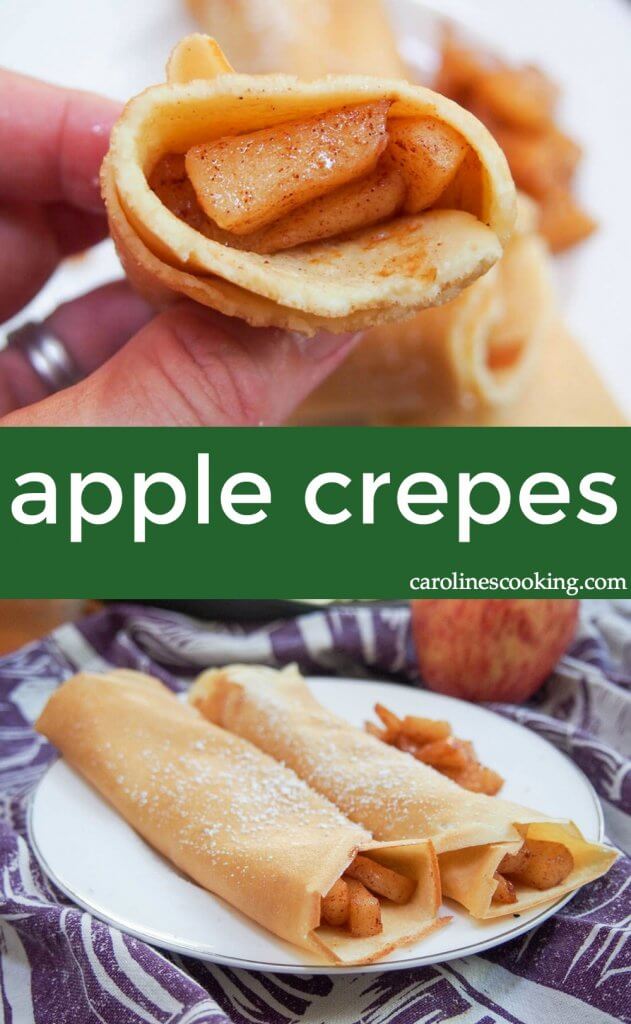 Apple Crepes: These light crepes are filled with a gently sweet, cinnamony apple filling - a delicious taste of fall! Easy to make, and perfect for dessert, brunch, or a tasty snack. #apple #brunch #dessert #crepes