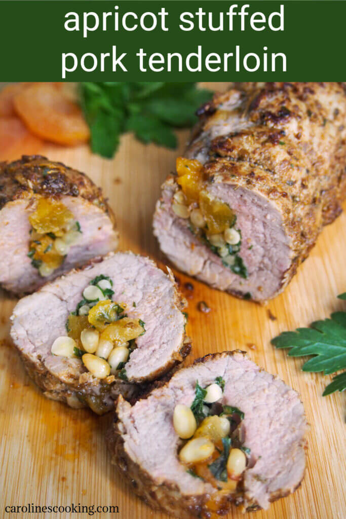 apricot stuffed pork tenderloin on board