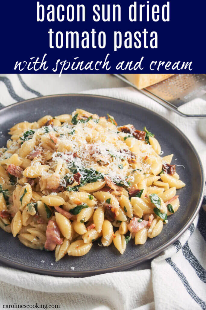 Bacon sun dried tomato pasta with spinach and cream pin