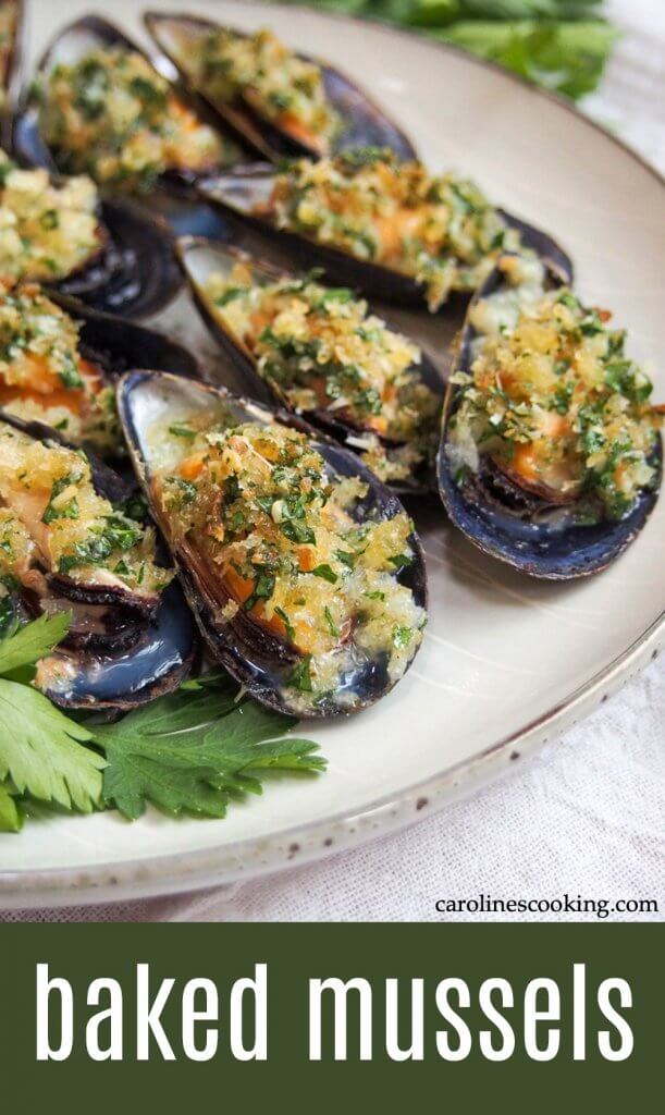 These baked mussels are easy to prepare and make a great appetizer for any occasion. Tender mussels with a tasty garlicy crumb topping - they're elegant finger food (that's budget-friendly too).