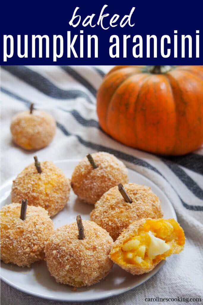 These baked pumpkin arancini are so flavorful and comforting with a gooey cheese center. A great appetizer or snack perfect for a festive party, game day and more.