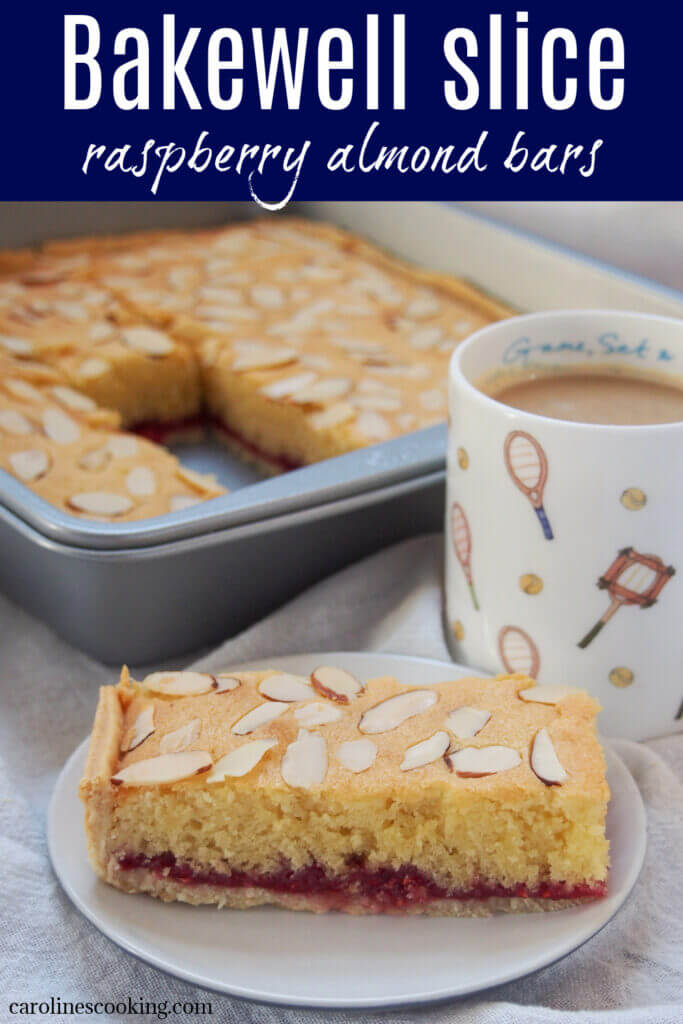 Bakewell slice is a classic British tea time treat, with layers of pastry, raspberry jam and an almond sponge-like top. It's easy to make and a tasty combination sweet and gently tart flavors.