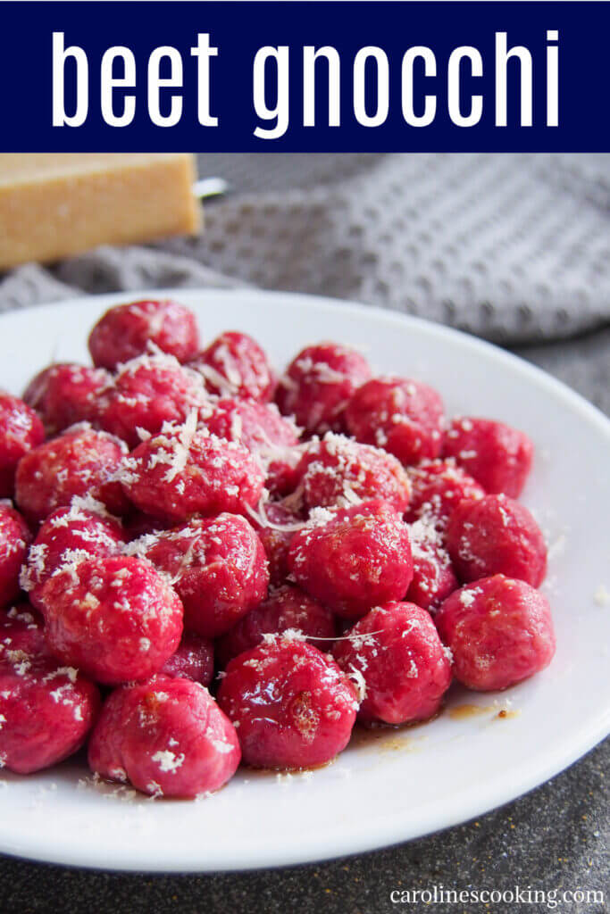 These beautifully colored beet gnocchi are as delicious as they are pretty. Their have a mild flavor with a light creaminess from the ricotta in them. Perfect to brighten up your plate. #beet #beetroot #gnocchi #homemadegnocchi