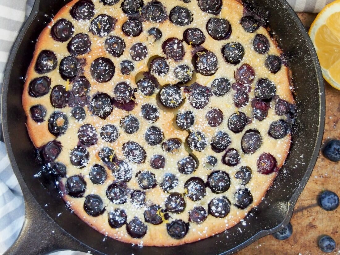 blueberry clafoutis close up view from overhead