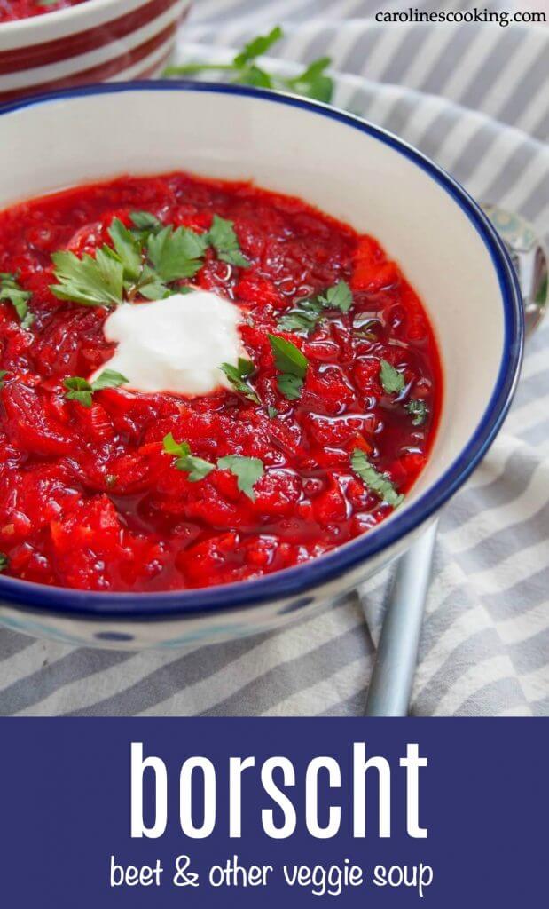 Borscht is one of the iconic dishes from Russia and it's neighbors, but you can know it as a deliciously warming, comforting bowl of soup. It gets much of its color from beets, but there's a whole lot more to this bright bowl. It's a delicious, easy and comforting soup. #soup #borscht #beet