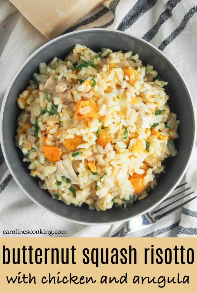 This butternut squash risotto with chicken and arugula is a deliciously comforting meal that's also a great way to use up leftover chicken (and/or squash). Yum! #butternutsquash #risotto #leftoverchicken #thanksgivingleftovers