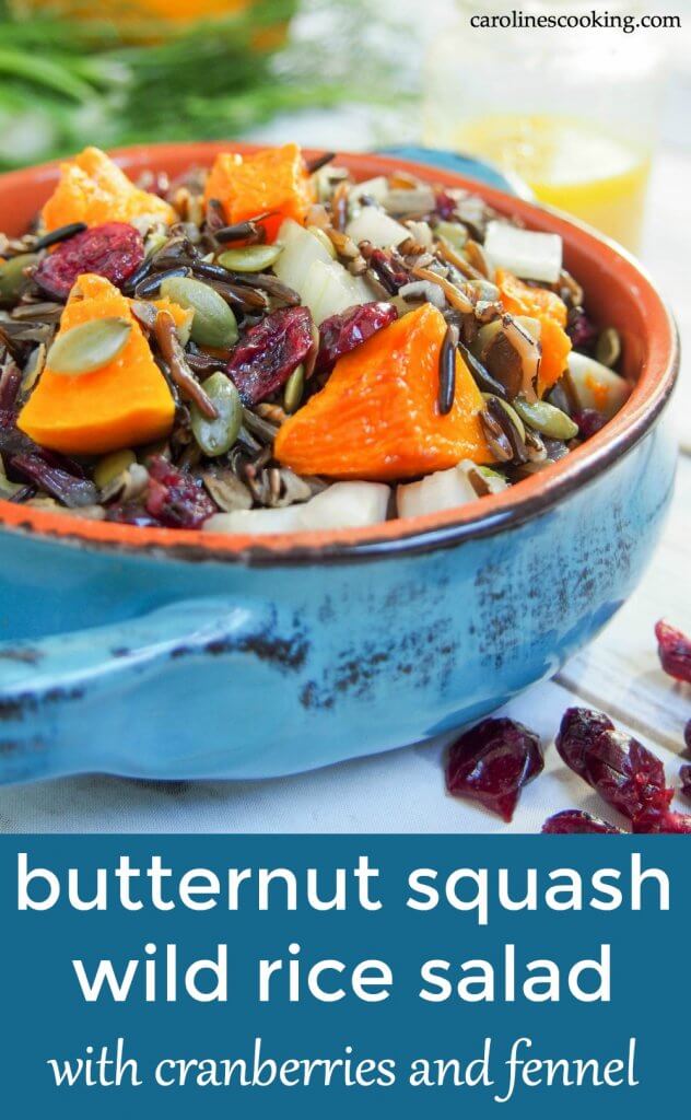 Easy to make, colorful and flavorful, this butternut squash wild rice salad with cranberries and fennel would be perfect for a potluck, on a Holiday table or in your lunch box. It's perfect for making ahead, not too heavy but filling enough to make a light meal. So many possibilities to enjoy! #potluck #salad #thanksgiving #vegetarian #wildrice