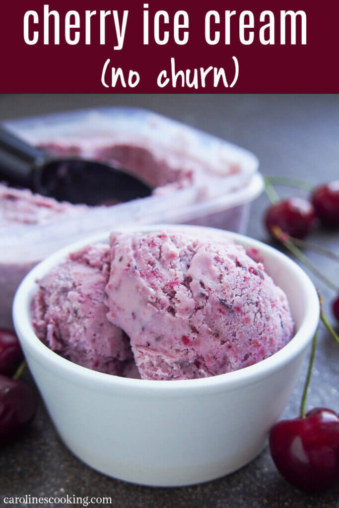 This cherry ice cream is easy to make and packed with wonderfully bright cherry flavor. It uses a simple no churn method that results in a wonderful balance of sweetness, creaminess and fruitiness. In other words, definitely one to add to your list for cherry season. #cherry #icecream #nochurnicecream