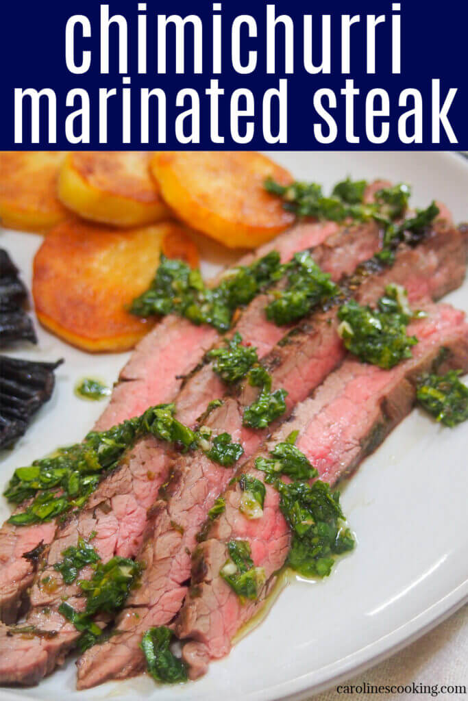 This chimichurri marinated steak is easy to make, tender and packed with delicious herb, garlic flavor. Perfect for an easy, flavorful meal, and a great way to make the most of a cheaper cut.