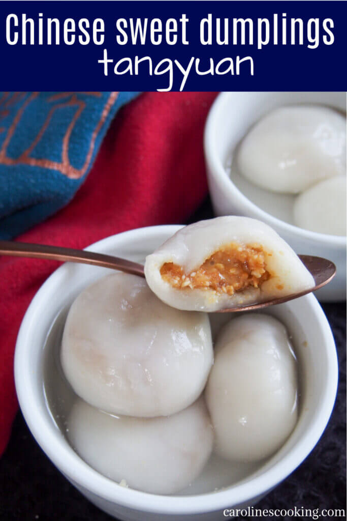 These Chinese sweet dumplings, tangyuan, are filled with a peanut mixture that's a wonderful contrast to the slightly gooey outside. They are traditionally served for the lantern festival but delicious enough to enjoy any time. #sweetdumplings #chinesenewyear #lanternfestival