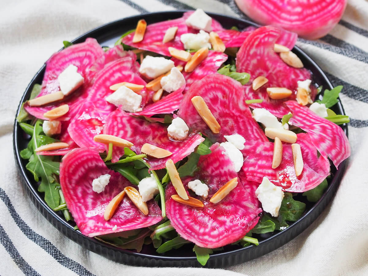 plate of chioggia beet salad from side