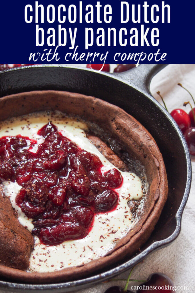 This chocolate Dutch baby pancake with cherry compote is like a breakfast take on black forest cherry cake. It's a deliciously indulgent combination, but best of all, it's actually really easy to make. Perfect for breakfast or dessert!