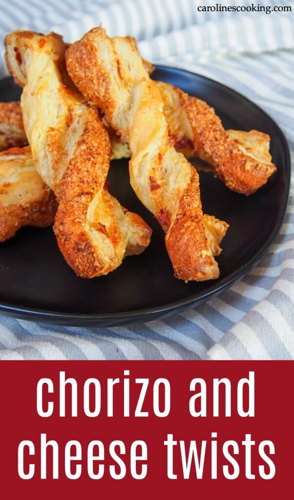 These chorizo cheese twists are incredibly easy to make with just a few ingredients and minimal prep. Then wait just a few minutes before you get to enjoy these addictively tasty, crispy snacks! Great for game day, and perfect to use leftover puff pastry. #cheese #appetizer #puffpastry #easyrecipe