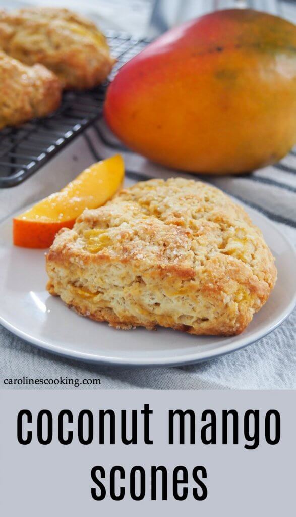 Bite into a taste of the tropics with these delicious coconut mango scones. They're tender inside and crisp outside, packed with juicy fruit and easy to make too. Perfect with your morning coffee, or any excuse. #coconut #mango #scones #baking