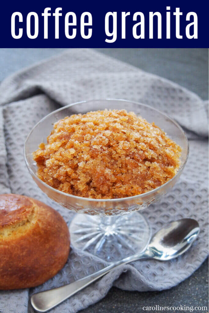 Do like the Sicilians do, and enjoy your coffee in frozen form! This coffee granita is a wonderful combination of sweetened coffee flavors and icy coldness. It's refreshing and delicious.