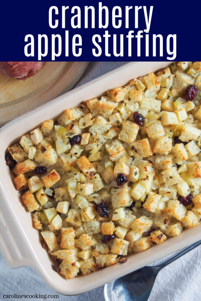 This cranberry apple stuffing is easy to make with a delicious mix of savory herbs and gently sweet bursts of fruit, all nestled into a bread base that's part melt-in-your-mouth soft, part crisp. It makes a great addition to festive and many other meals.