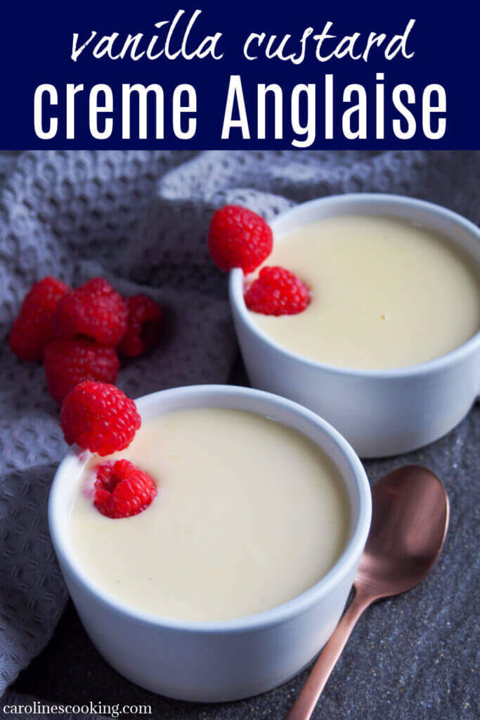 Creme Anglaise is a vanilla pouring custard that's smooth, creamy, gently sweet and delicious. Easy to make, delicious served chilled as a dessert in itself, or warm with eg crumbles and crisps.