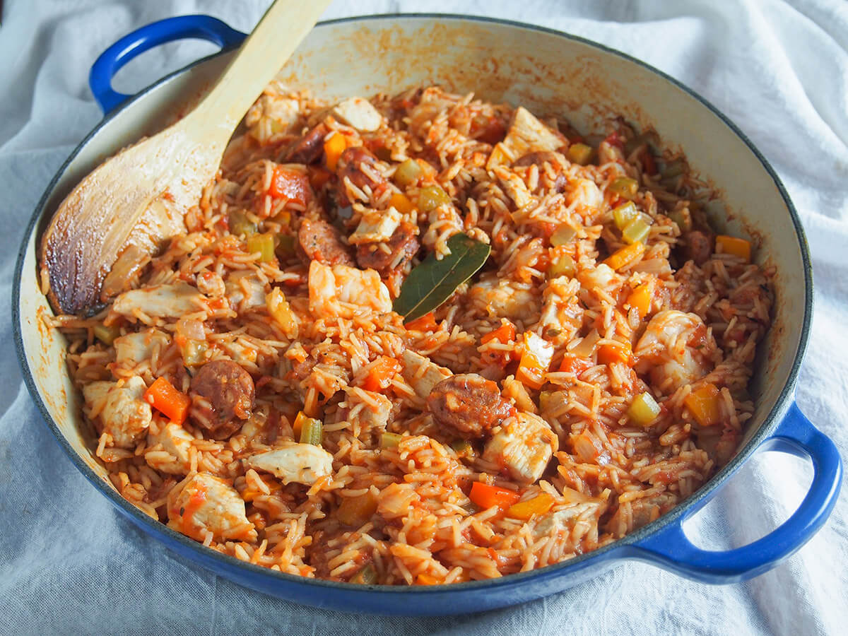 dish of Creole jambalaya with spoon to back of dish