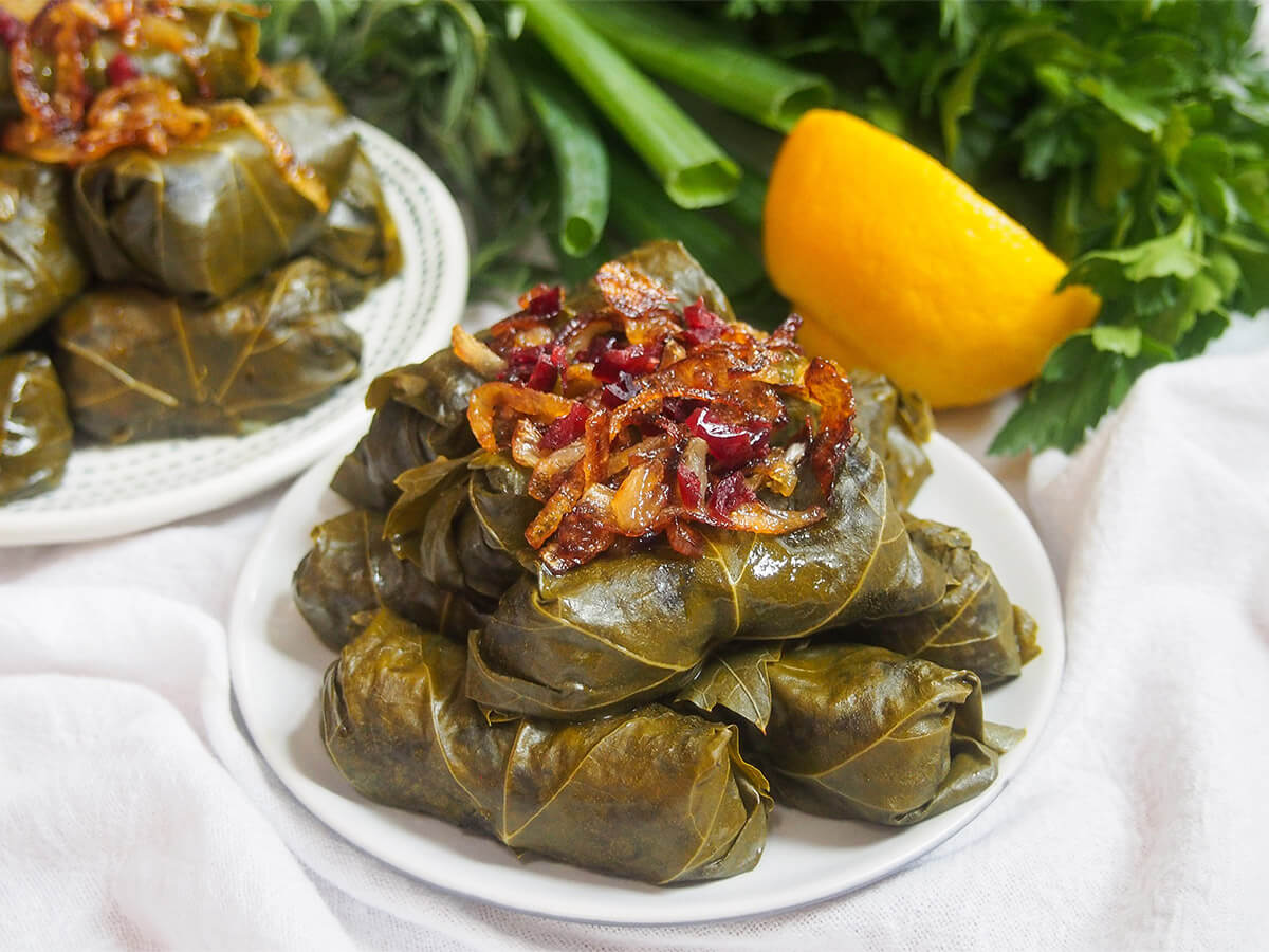 plate of dolmeh barge mo Persian stuffed grape leaves with second plate and herbs behind