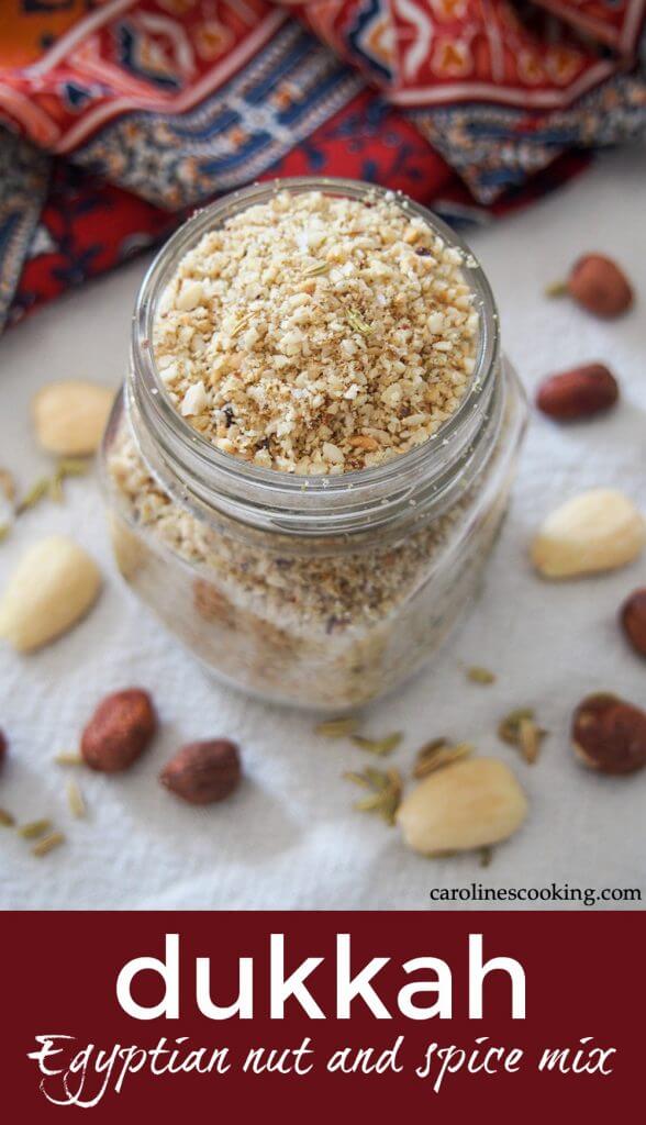 Dukkah is an Egyptian blend of nuts and spices that is easy to make and adds a wonderful crunch and flavor to so many things. Whether you dip bread in it, use it to top eggs or salads, it's a delicious addition. #hazelnut #nuts #condiment