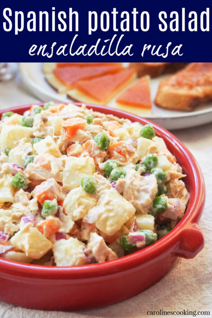 Ensaladilla rusa is a Spanish tapas dish that is a potato salad loaded with tasty additions like carrots, peas and tuna. It's easy to make and a perfect addition to any tapas meal, picnics, summer parties and more. 