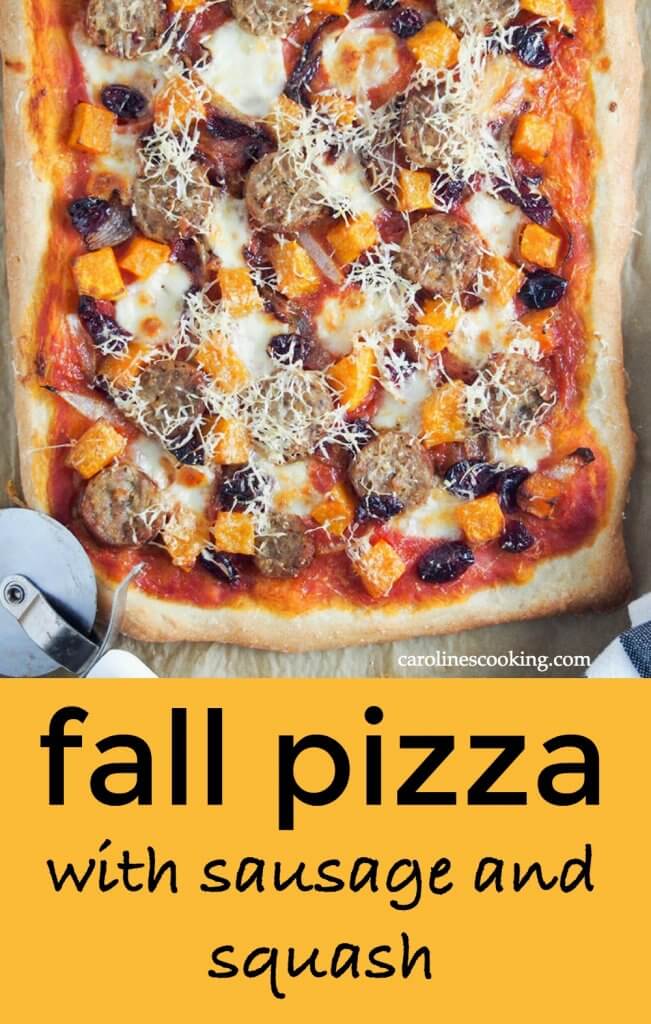 Fall pizza - This pizza is packed with fall flavors but really it would be great any time! Topped with sausage, squash, cranberries and comfort factor. A delicious combination of flavors, it's definitely one to add to your pizza night menu. #fallpizza #sausageandsquashpizza