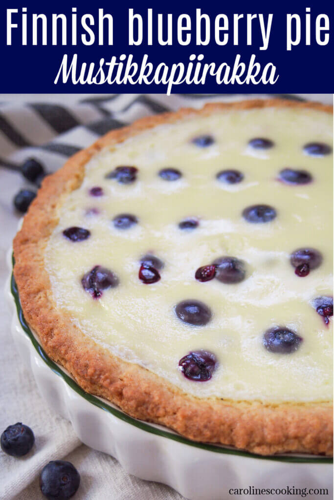 This Finnish blueberry pie, mustikkapiirakka, is an easy and delicious combination of a cookie-like base, juicy blueberries and a sour cream cheesecake-y topping. It's quick to prepare with just a few ingredients and makes a tasty treat that's a great summery dessert.