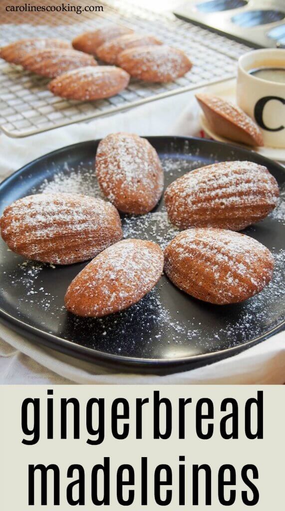 These madeleines are a delicious festive twist on the traditional French cookie. Gently spiced and wonderfully light with a crisp outside, they're little bites of heaven. #madeleine #cookie #christmascookies