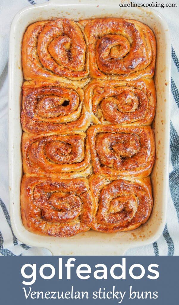 Golfeados are a wonderfully delicious Venezuelan take on sticky buns. Adding cheese to a sweet roll might seem unusual, but it adds a wonderful layer of flavor. These sweet treats are definitely worth a try! #stickybun #baking #venezuelanfood #sweetroll