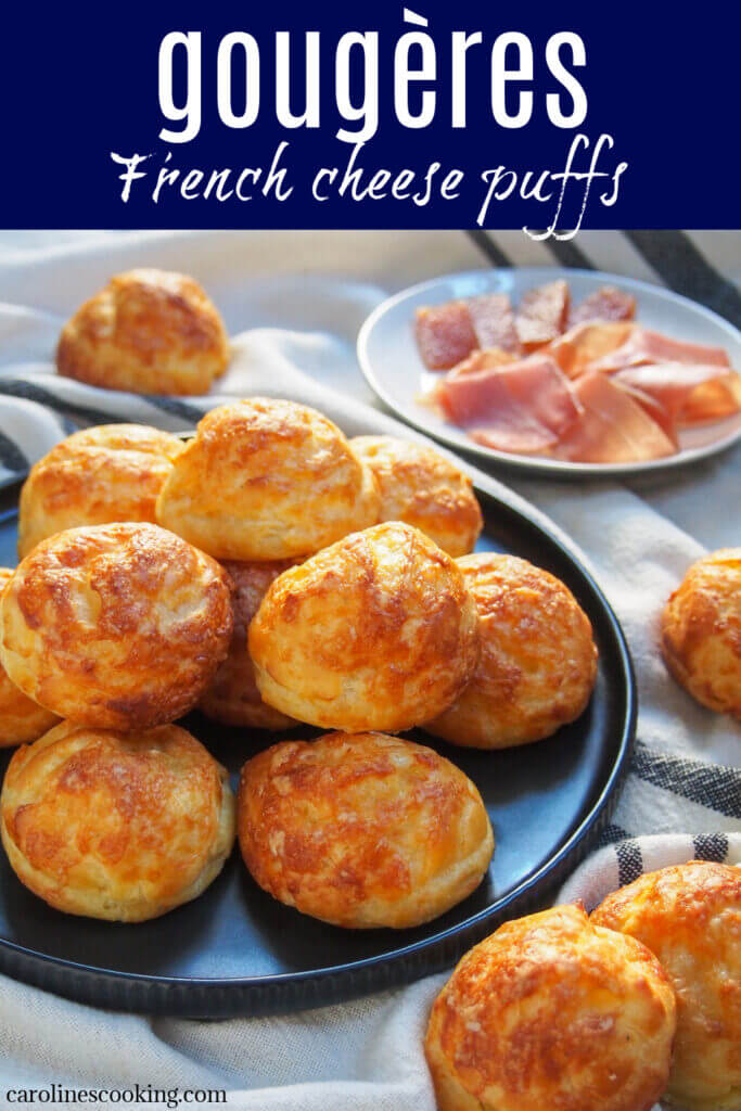 Gougères are classic French cheese puffs that make a great snack or canapé. They are essentially a savory choux pastry, with cheese added into the mixture. Then you bake them up to crisp, light deliciousness. Perfect for parties or any excuse you want to find.