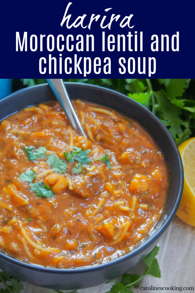 Harira is a traditional Moroccan lentil and chickpea soup that's packed with warm spice flavors. With a tomato base, fresh herbs and a touch of lemon for a fresh finish, it's a hearty, comforting and delicious combination.