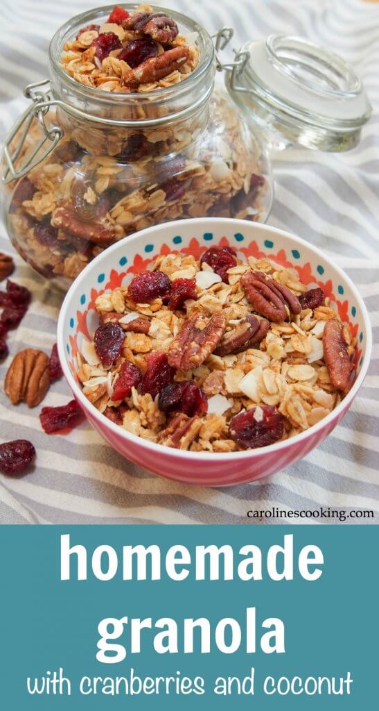 It's easier than you might think to make granola (and healthier). This easy homemade granola recipe is naturally sweetened and loaded up with cranberries, pecans and coconut. Crunchy delicious! #granola #healthy #breakfast #cranberry #cranberryweek