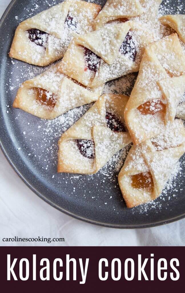 Kolachy cookies are an easy mix of a cream cheese pastry folded over a jam filling. They're as tasty as they are pretty, and a great addition to your cookie plate. #cookie #christmascookie #jamfilledcookie