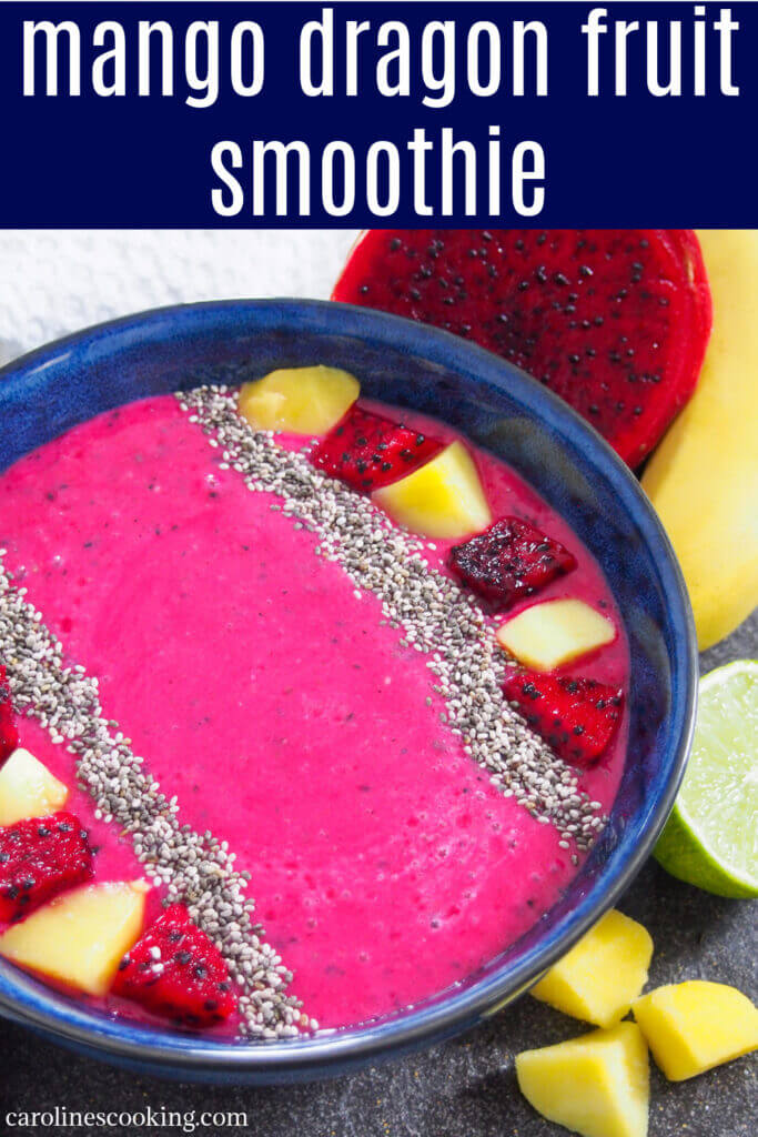 This mango and dragon fruit smoothie is so easy to make with deliciously fresh and tasty flavors. It's great as a snack, for breakfast or even dessert, especially as a smoothie bowl. #smoothie #dragonfruit