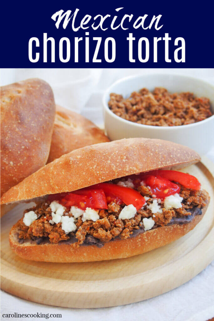 This chorizo torta is a delicious combination of smooth beans, flavorful pork chorizo and cheese, plus whatever else you have and want to add. This Mexican sandwich is easy to make, adaptable and perfect as a satisfying lunch or snack.