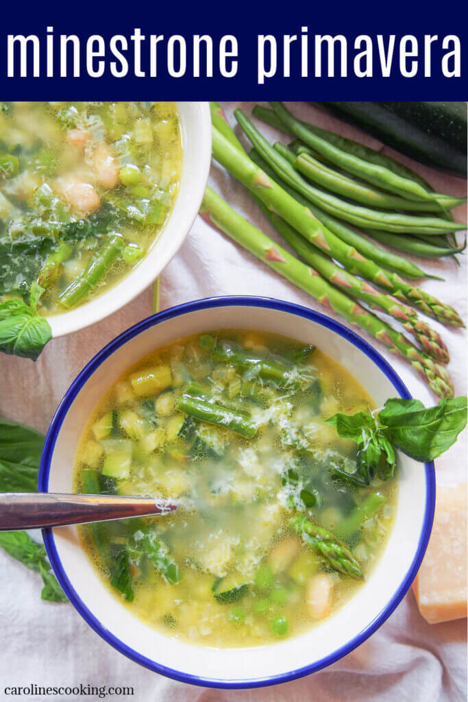 Minestrone primavera is a wonderful bowlful of spring flavors, with lots of green vegetables, white beans and a light stock base. It's easy to make, adaptable to what you have and perfect on cooler spring days.