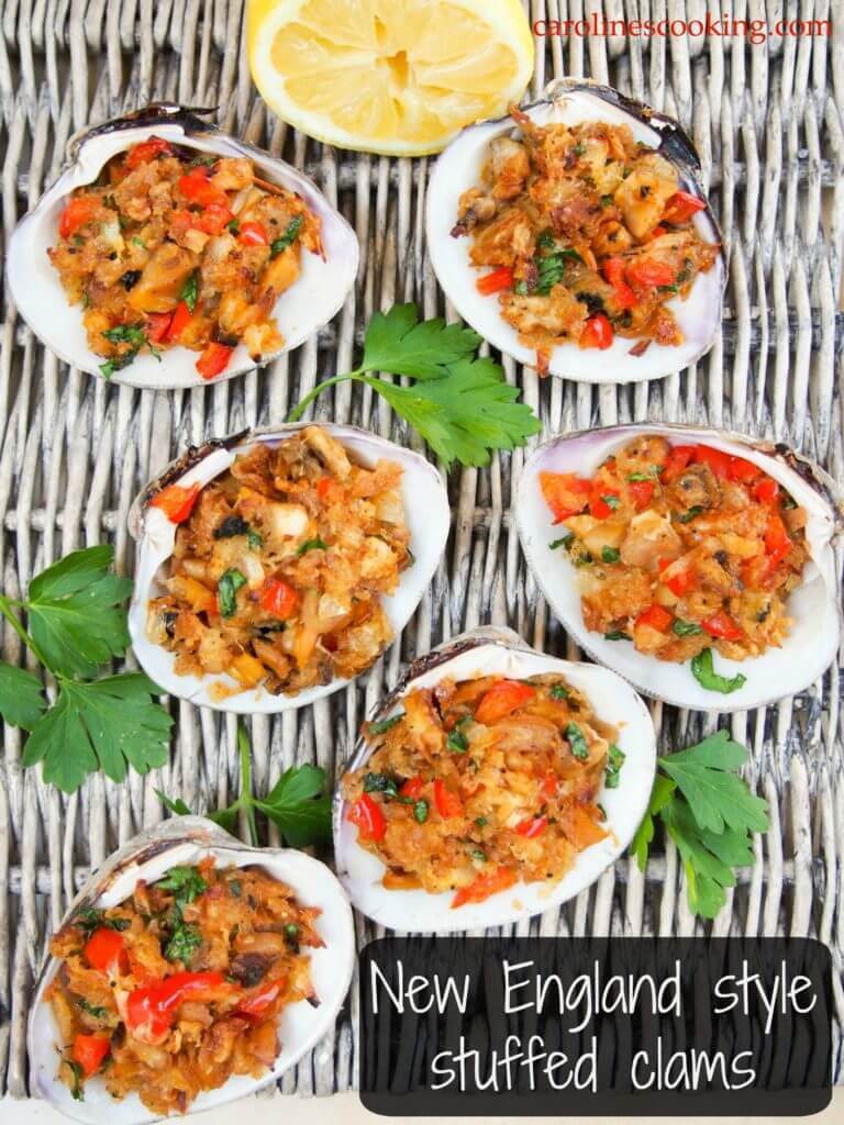 New England style stuffed clams are a delicious appetizer made with steamed clams & seasoned buttered breadcrumbs, baked until crisp on top but moist within