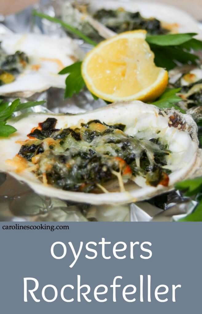 Oysters Rockefeller are a classic New Orleans appetizer with a tasty topping baked over oysters in their shell. Here they're lightened up but packed with flavor in the spinach-based topping. Perfect for date night, a fancy dinner party or any excuse. Includes video tutorial with how to shuck an oyster.