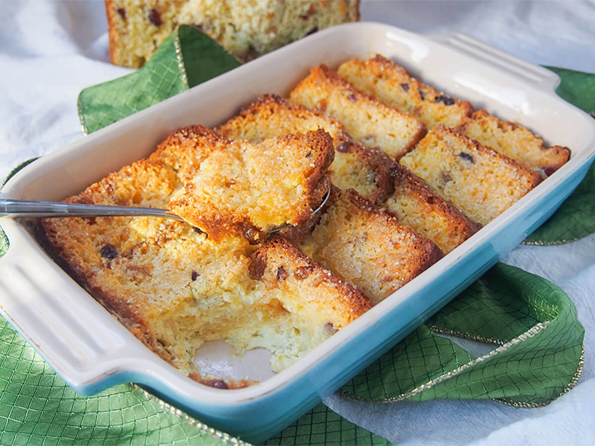 panettone bread and butter pudding with spoonful on top