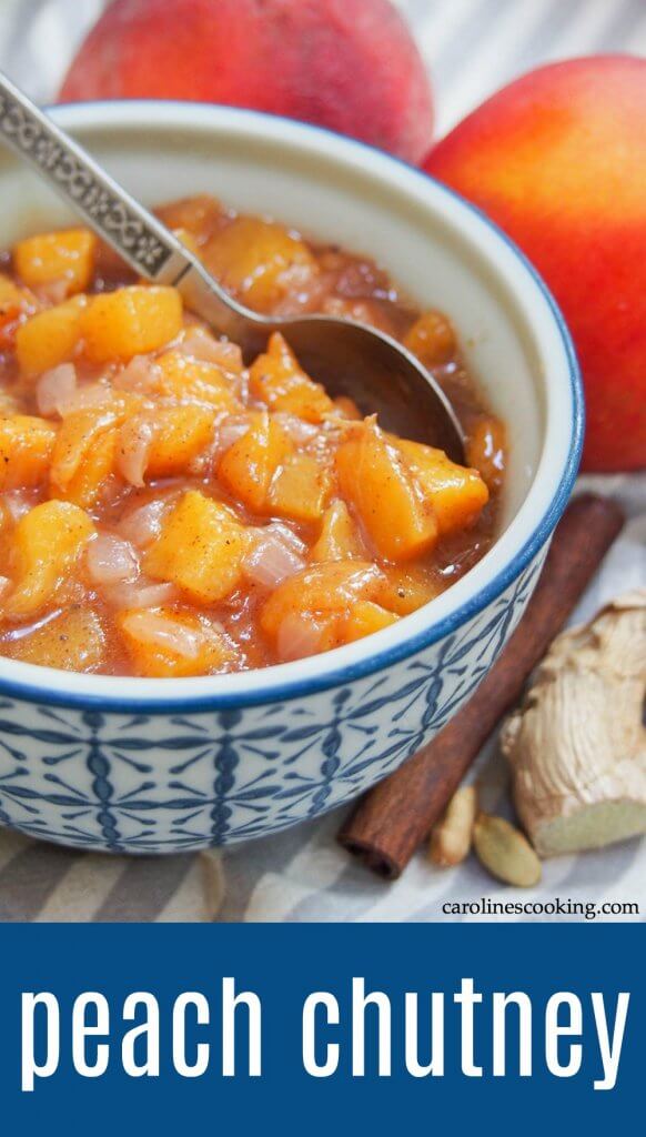 This peach chutney takes mere minutes to make, with a delicious balance of fruitiness and warm spices. It goes well with cheese, chicken and pork and is a tasty way to both preserve peaches a little longer and use them is savory dishes. #peach #chutney #condiment