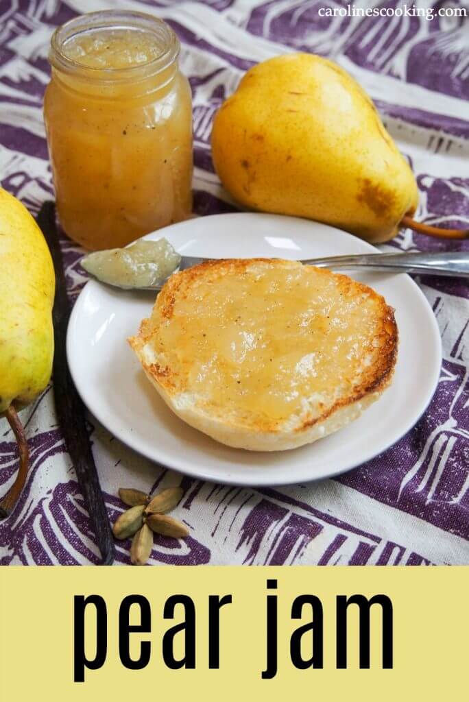 This pear jam is flavored with a hint of vanilla and cardamom that add a hint of warmth but let the pear flavors shine. Easy and delicious! #pear #jam