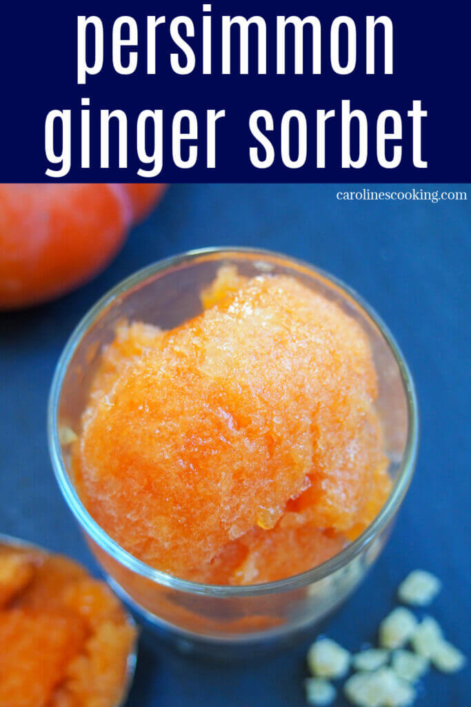 This delicious persimmon ginger sorbet is easy to make and both looks and tastes great. The zingy ginger compliments the smooth, fragrant persimmon perfectly. A tasty frozen treat, great for dessert or as a palette cleanser.