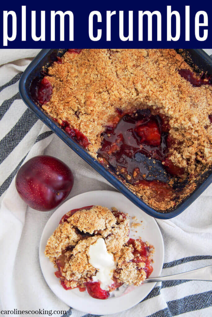 This plum crumble is a delicious combination of oozing, juicy fruit and sweet buttery crumb topping. This take on the dessert has a gentle warm spice flavor and a touch of almond in the crumble topping that all pair perfectly. #plum #crumble #summerdessert