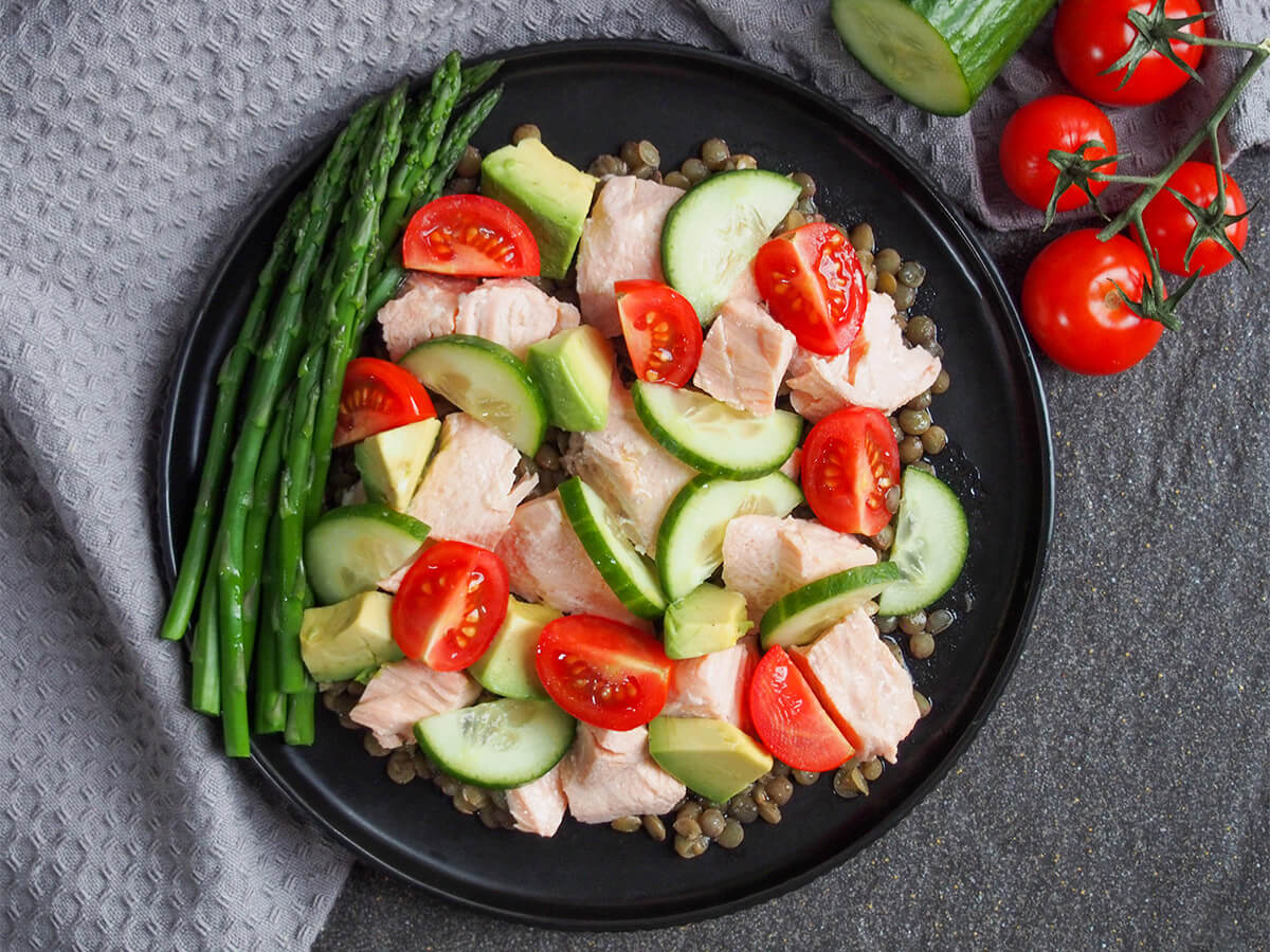 plate of poached salmon salad