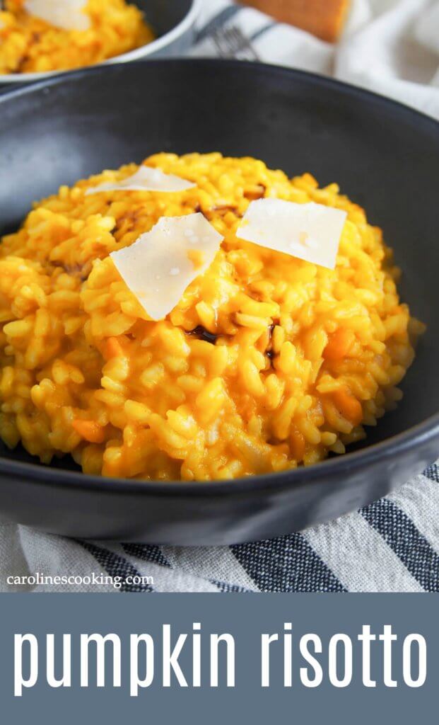 Pumpkin risotto is such a deliciously comforting meal! This version is based on traditional Italian recipes and is easy to make, filling, but not overly heavy. It's a perfect plate of fall goodness. #pumpkin #risotto #italian #vegetarian #fallrecipe