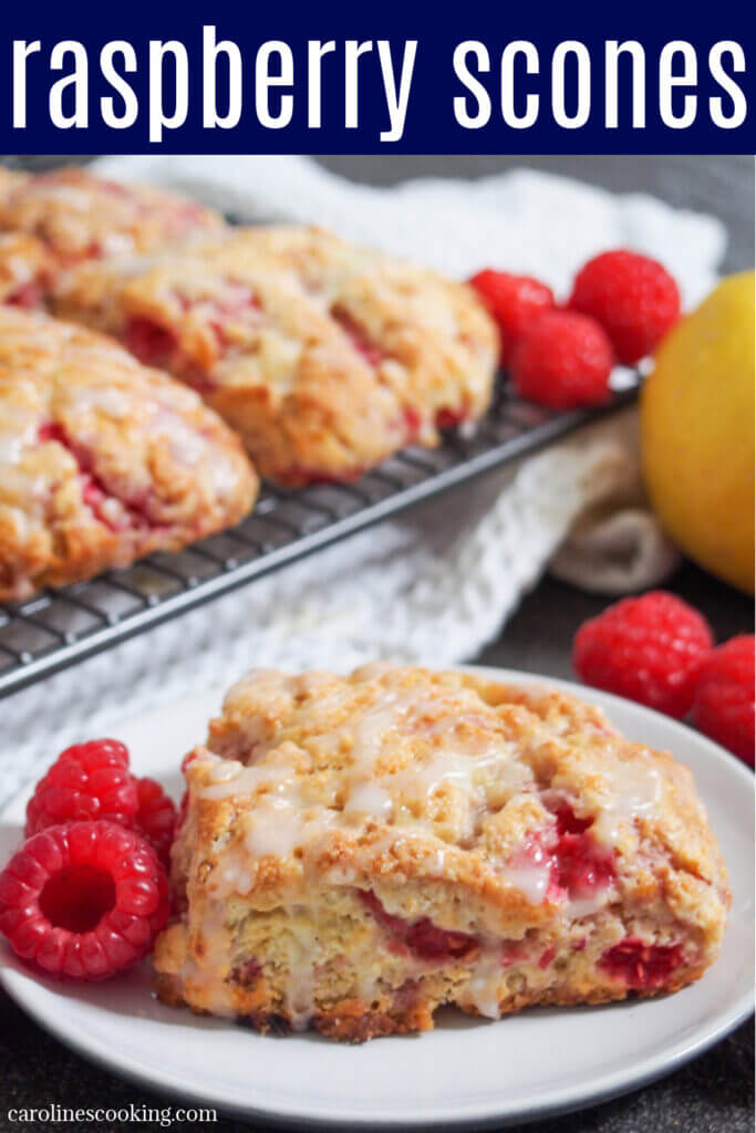 These raspberry scones are wonderfully soft, packed with juicy fruit and topped with a bright lemon drizzle. While that may sound fancy, they're actually really easy to make. A delicious treat, perfect with a cup of coffee or tea or as a snack.