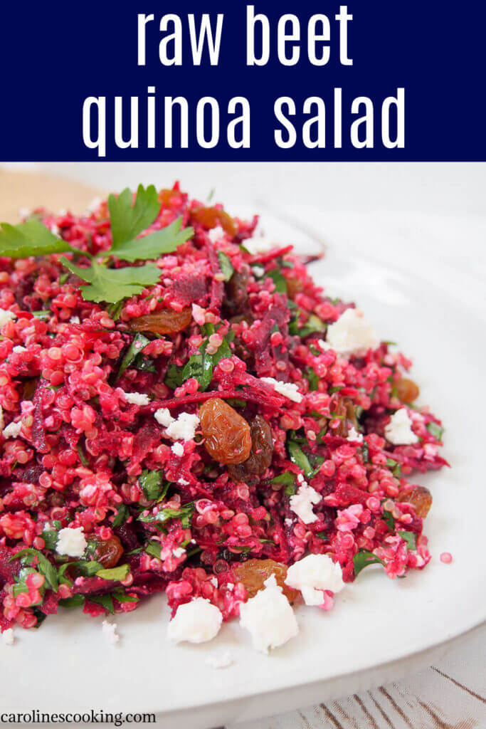 Whether you're looking for a lunch box idea, a potluck dish or a light meal, this raw beet quinoa salad is a great choice. It's bright, light, easy and delicious. Not to mention versatile too. #salad #beet #potlucksalad #lunch #vegetarian #glutenfree