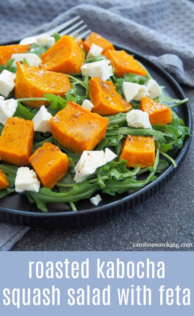 This roasted kabocha squash salad with feta is really easy to make and easily adapted. It has a tasty mix of comforting squash and a tangy dressing that works for lunch, as an appetizer or side.